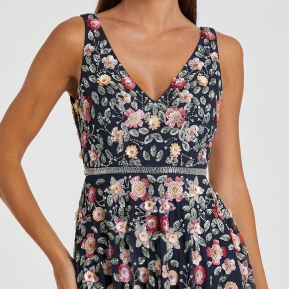 Mac Duggal 5527‎ Womens Size 6 Navy Blue V-Neck Floral Beaded A-Line Midi Dress - Picture 5 of 6